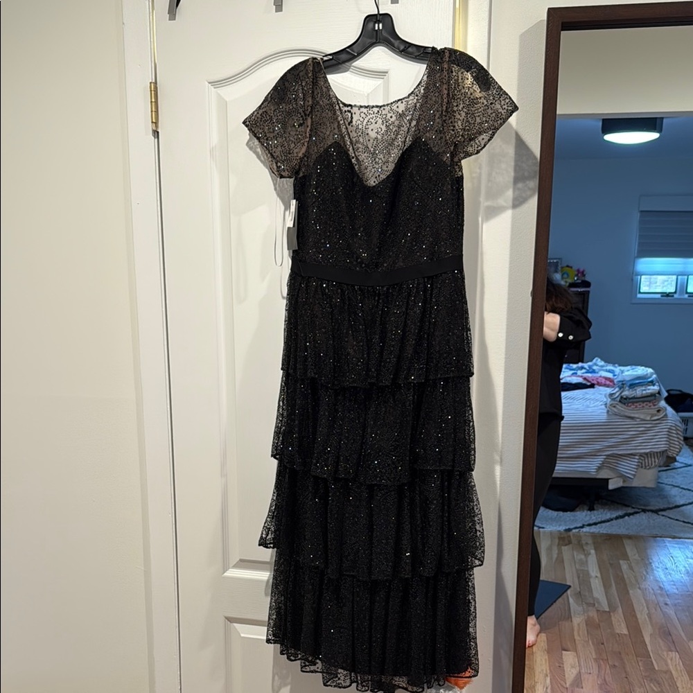 Black Tiered Ruffled Midi Dress with V-Neck